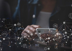 5G illustration featuring a network symbol and abstract technology-inspired design elements.