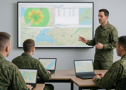 Four soldiers in camouflage uniforms sit in a modern classroom with laptops while an instructor stands in front, pointing to a large screen displaying maps and radio simulation data.

